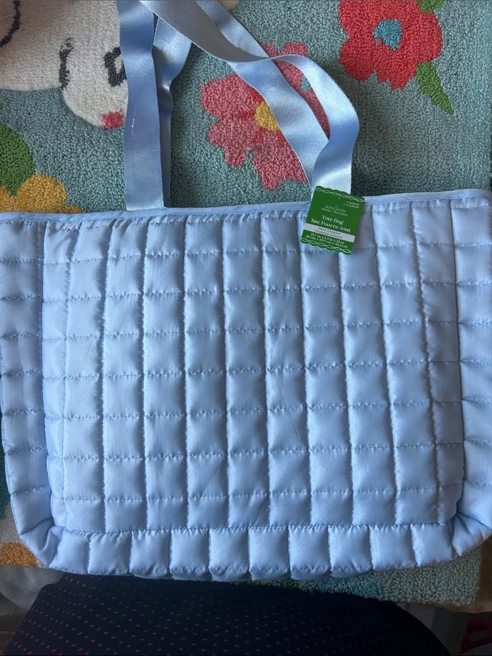 Quilted Light Blue Tote Bag - Women's Shoulder Carry